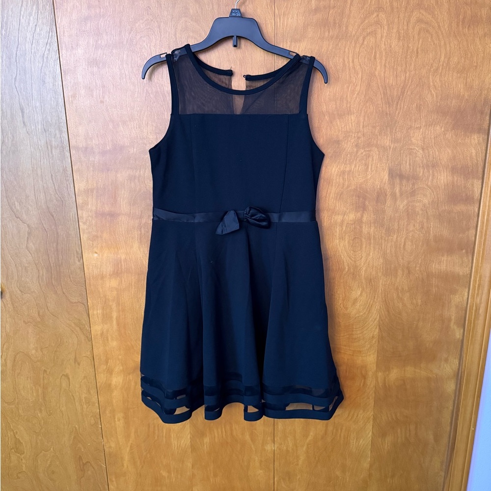 Calvin Klein Black Sleeveless Mesh-Top Party Dress with Satin Bow